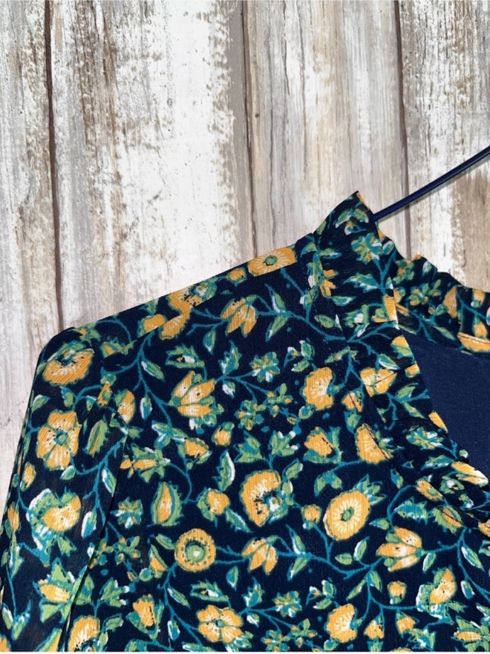 J.Crew Floral Ruffle Neck Blouse Small Blue Yellow Short Sleeve Top - Picture 6 of 7
